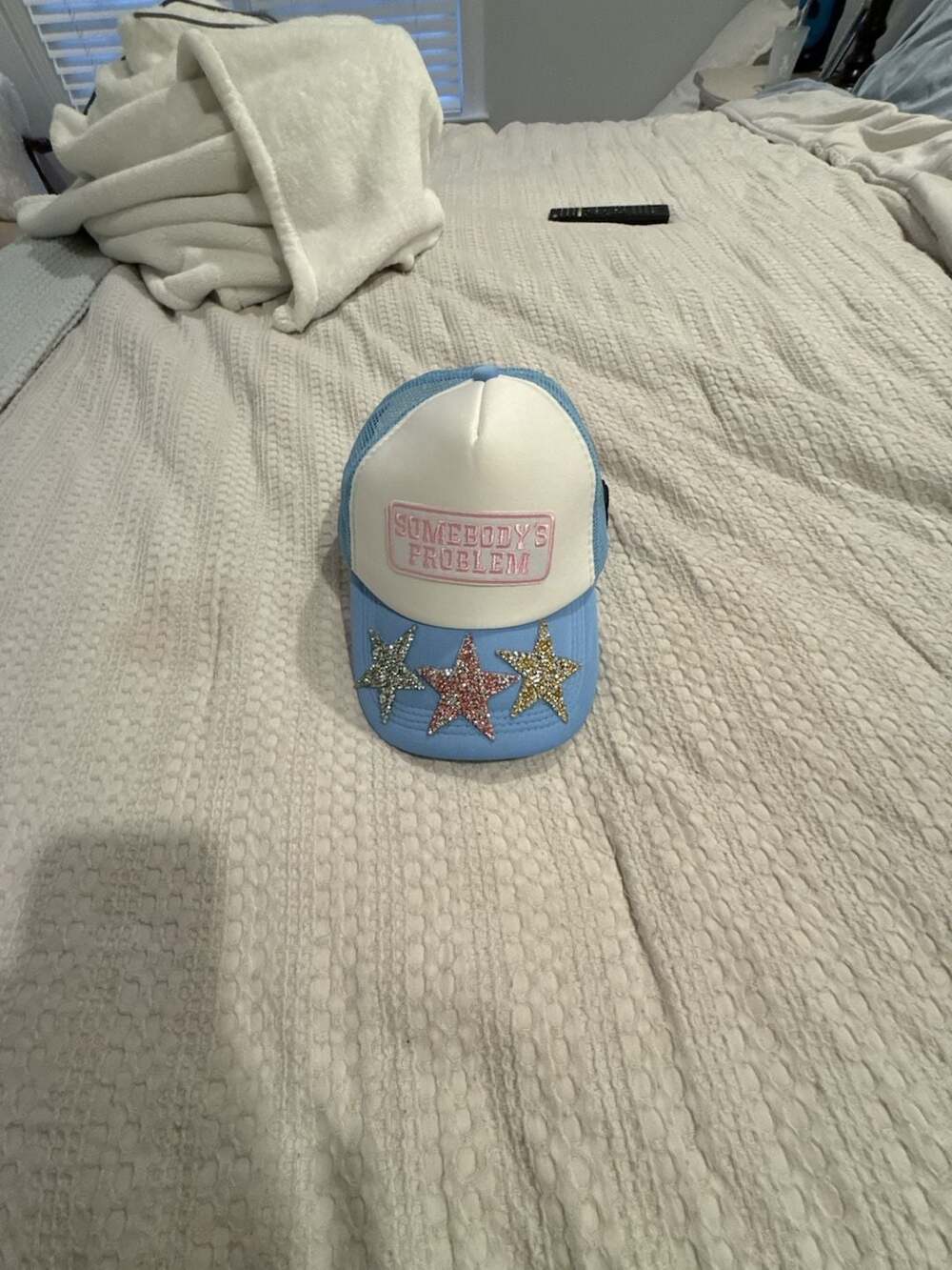 Somebody's Problem Blue Trucker Hat with Rhinestone Stars and Hustler Patch - Picture 1 of 5